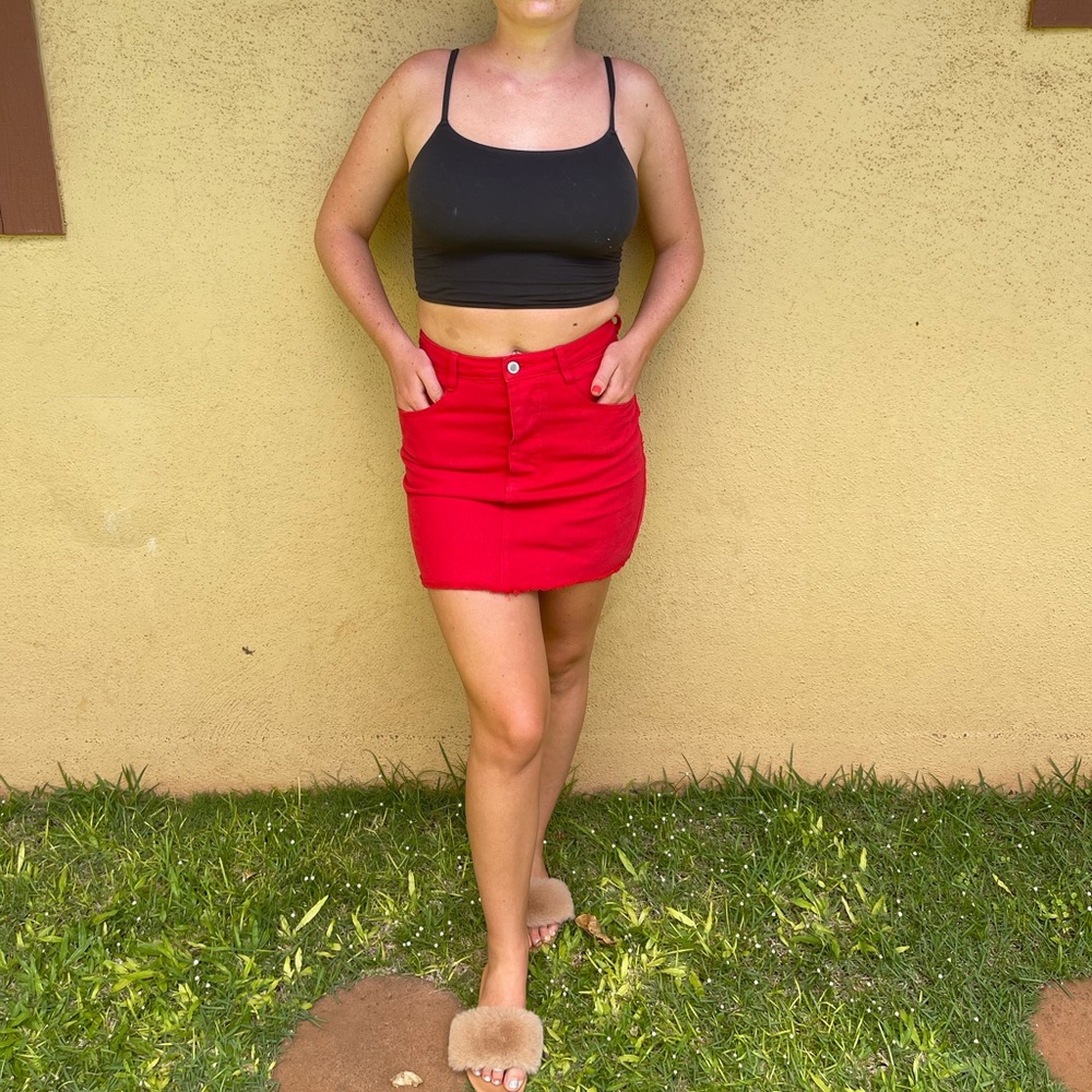 Red button up denim skirt! Red jean skirt
